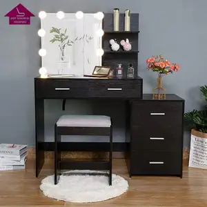 Large Vanity Set with 10 LED Lights, Makeup Table with Movable 3-Drawer Chest, Dressing Vanity Table with cushioned stool