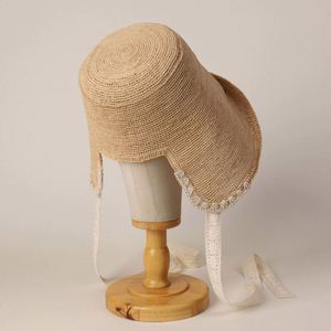 2025 New Arrival Women Summer <b>Sunscreen</b> Straw Sun Hat Hand Crochet Casual Outdoor Travel Raffia Bucket Hat with Lace Strings - Product Image 2