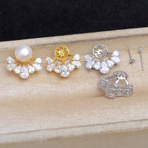 Wenchi S925 Argent Zircon Bleu Accessoires DIY Plaqué Or 14 carats 15676 Support d'oreille pour perles de 8-11mm Bijoux Perles Clou d'oreille vide - Product Image 1