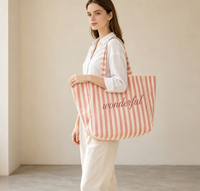 Sac à main en toile imprimé rayé style mode avec logo brodé personnalisé, grande capacité, réutilisable, fermeture à poignée, pour les courses quotidiennes