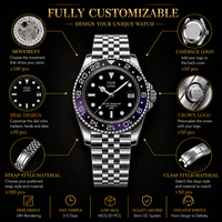 50 PCS Montre automatique personnalisée avec cadran inversé, couronne à gauche, NH34 GMT, 3ATM, luxe, acier inoxydable, saphir, mécanique, OEM
