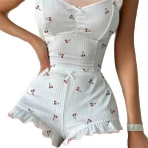 Ensemble pyjama camisole et short imprimé cerise pour femmes, sans manches, tricoté, épaisseur moyenne, vêtements de maison Y1229 - Product Image 5
