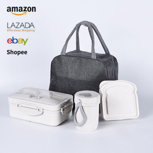 Wheat Straw Lunch Box <b>Set</b> With Container Cup And Bread Case For Student Portable Use - Product Image 5