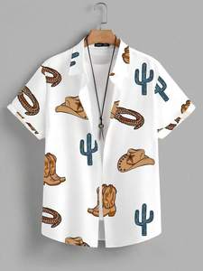 Chemises décontractées d'été pour hommes, style western cowboy, extensibles dans quatre directions, à manches courtes, coupe ample, avec imprimé tête de taureau, fer à cheval et chapeau - Product Image 5