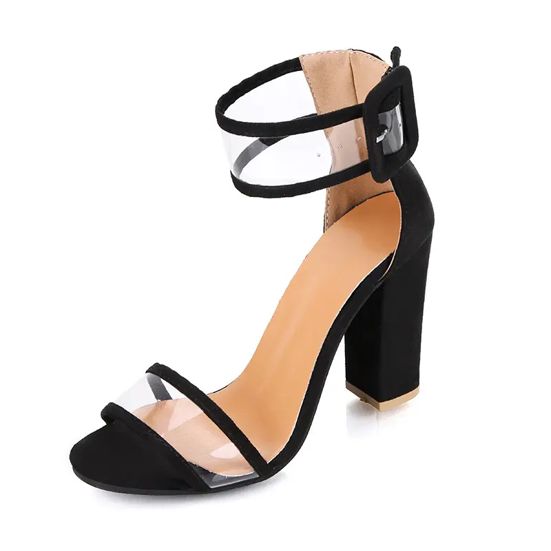 European thick clear sandals heels ladies women shoes cut out chunky heeled ankle strap sandals