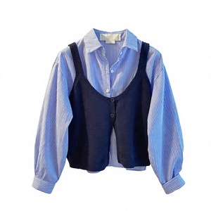 Camisa de Manga Larga a Rayas Azules para Mujer con Chaleco de Punto Azul Marino, Blusa Casual Holgada con Mangas Abullonadas para Todas las Temporadas - Product Image 4