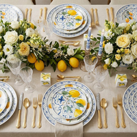 Service de vaisselle créatif en céramique motif citron et floral, en porcelaine bleue et blanche, pour mariages, événements, fêtes, maison et cuisine