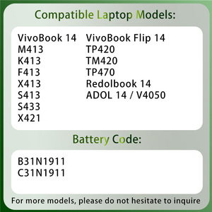 แบตเตอรี่แล็ปท็อปขายส่ง B31N1911 C31N1911 สำหรับ <span class=keywords><strong>Asus</strong></span> <span class=keywords><strong>VivoBook</strong></span> <span class=keywords><strong>14</strong></span> F413 K413 X413 M413 S413 X421 <span class=keywords><strong>Flip</strong></span> <span class=keywords><strong>TM420</strong></span> TP420 ซีรีส์โน้ตบุ๊ก - Product Image 2