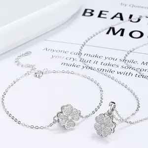 Carline OEM 925 Sterling Silver Zircon Lucky 4 Leaf Clover Rotatable Pendant Custom Women Necklace Bracelet Jewelry Set