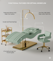 Lit de Soin Ergonomique de Luxe pour Cils, Ensemble Moderne pour Spa et Beauté, avec Éclairage LED Demi-Lune, Chaise à Roulettes Robuste à Base Dorée, Durable