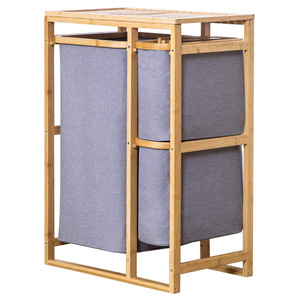 Japanese Style Solid Wood Laundry <b>Basket</b> Grey Oxford Cloth Floor Standing Storage <b>Shelf</b> Bathroom Clothing Organizer Multi Layer - Product Image 5