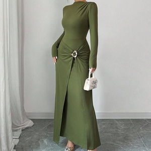 Vestido de punto elástico de manga larga con bloques de color para mujer, corte regular, largo hasta el suelo, ecológico, cintura imperio, silueta lápiz, para otoño - Product Image 3