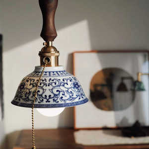 Chinese Blue And White Porcelain Pendant <b>Light</b> <b>Single</b> Head Round Shape Led <b>Light</b> Source For Home Tea Room Living Room Bedroom - Product Image 1