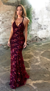 Vestido de sirena de gasa con lentejuelas y cuello en V profundo para mujer, estampado floral, elástico, formal - Product Image 3