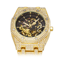 Montre mécanique pour homme Time Token V301, design carré entièrement serti de diamants, cadran ajouré, étanche, lumineuse, bracelet en acier inoxydable