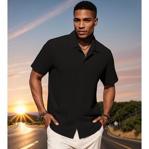 เสื้อเชิ้ตผู้ชายลำลองแบบติดกระดุม แขนสั้น ผ้าเนื้อพิเศษ ระบายอากาศได้ดี น้ำหนักเบา เหมาะสำหรับวันหยุดพักผ่อนที่ชายหาด - Product Image 6