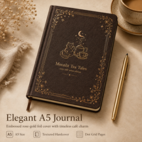 Carnet personnalisé A5 Moonlit Tea Tales, couverture rigide, dorure or rose, grille à points, reliure cousue, pour journal intime confortable, notes et planification quotidienne
