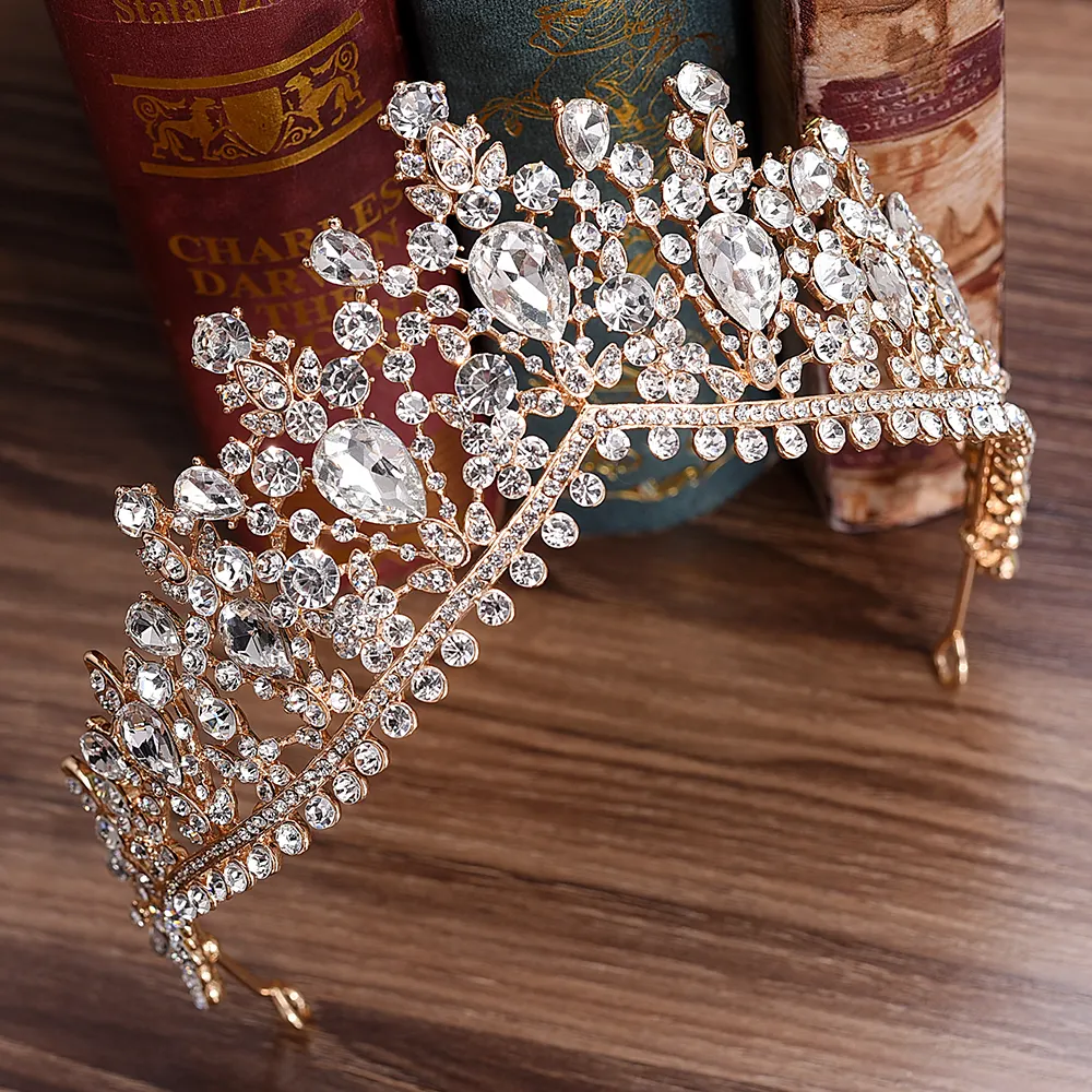 Hiasan rambut pengantin wanita, emas perak merah, aksesori berlian imitasi kristal pengantin, mahkota pengantin perempuan, putri Ratu