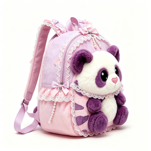 Customized Lolita Style Panda Plush <b>Backpack</b>, Pink & Purple Fluffy <b>Kids</b> School Bag with Lace, Bows & Pearl Details - Product Image 1
