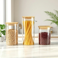 Stoples Kaca Persegi Berbagai Ukuran Dengan Tutup Bambu dan Sendok Kayu, Wadah Kedap Udara untuk Dapur, Bahan Makanan, Pasta, Rempah-rempah