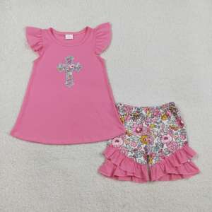 Conjunto de Ropa Infantil al por Mayor GSSO3069 RTS Little Active Girl, Estampado Floral Rosa, Estilo Casual para Todas las Temporadas, con Mangas Volantes - Product Image 1