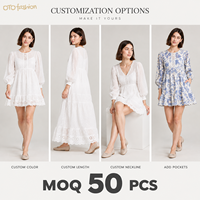 Robe Courte Blanche Femme Broderie Anglaise Manches Longues Bouffantes Col Carré Boutonnée Devant Romantique OEM Marque Privée
