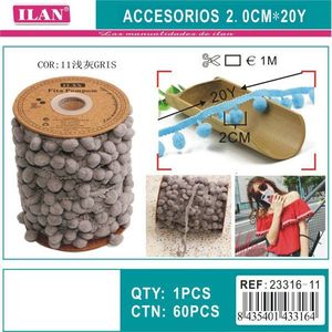Nastro decorativo ILAN con pompon, 2.0 cm, 20 iarde, grigio, per progetti fai da te - Product Image 3