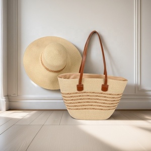 Sac de plage et chapeau en paille tressée avec poignées en cuir de bonne qualité, ensemble sac fourre-tout - Product Image 3