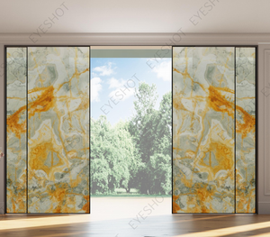 Panneau de pierre de quartzite en marbre d'<span class=keywords><strong>onyx</strong></span> naturel rétro-éclairé de haute qualité Design moderne Texture stratifiée Porte coulissante en verre Forme de grande dalle - Product Image 1
