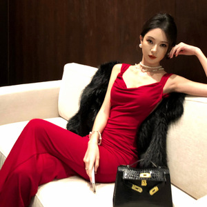 Women's Fashion Festival Christmas Color-Block Plush One-Shoulder Tube Top High-Slit Long Dress - Product Image 4