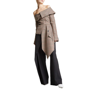 Giacca giacca a quadri a quadri a manica lunga personalizzata di alta qualità con bottone asimmetrico <span class=keywords><strong>Tweed</strong></span> da donna con spalle scoperte - Product Image 2