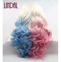 Perruque Synthétique Cosplay Blonde Moitié Bleue Moitié Rose Synthétique Lace Front en Fibre Résistante à la Chaleur Body Wave Drag Queen Maquillage Halloween Party