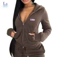 Setelan Olahraga Wanita Huili Custom LOGO Warna Solid Tebal, Atasan Crop Zipper dan Celana Sweatpants Flare Dua Potong dengan Hoodie