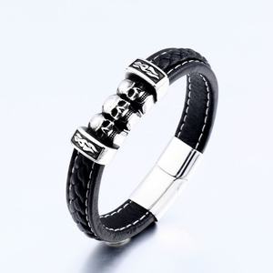Edgy Retro Punk Skull Genuine <b>Leather</b> Adjustable <b>Bracelet</b> for Men 316L Stainless Steel Hypoallergenic Unisex Fashion Jewelry - Product Image 1