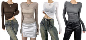 CNSHELL Cuello redondo Alta elasticidad Ver a través de tela transparente Costura trasera Slim Fit Camiseta de manga larga de una sola capa Top para mujer - Product Image 6