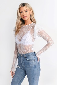 KY Summer White Round Neck Double Ribbon Pattern Ruffle Long Sleeve Hollow Cut Button Back Lace Top for Women Blouse <strong>Sxey</strong> - Product Image 4