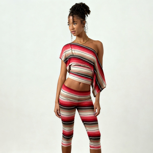 ชุดเซ็ตสองชิ้นสำหรับผู้หญิง ปี 2025 เสื้อเปิดไหล่ลายทาง กางเกงเลกกิ้งเอวต่ำ ผ้าถัก เป็นมิตรกับสิ่งแวดล้อม ชุดลำลองสไตล์สปอร์ตเข้าชุดกัน - Product Image 2