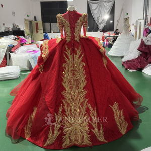 Xs251 <b>Red</b> Evening Dress With Long Sleeves Crystal Embroidery <b>Sequined</b> Lace-Up Back Turtle Wedding Dress Jancember - Product Image 3