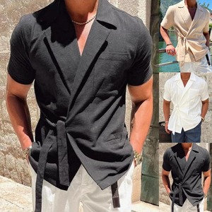 <span class=keywords><strong>Camisa</strong></span> de Verano de Color Sólido de <span class=keywords><strong>Manga</strong></span> <span class=keywords><strong>Corta</strong></span> con Solapa <span class=keywords><strong>y</strong></span> Correa, Elegante, Informal, Holgada <span class=keywords><strong>y</strong></span> Sencilla para Hombre - Product Image 2