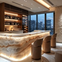 Îlot de cuisine rétroéclairé LED, comptoir de bar lumineux de forme organique, bar sur mesure pour la maison, étagère à spiritueux ouverte pour penthouse de grande hauteur ou villa