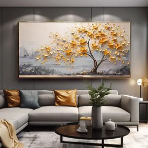 Cuadro de arte moderno con marco de lienzo, pintura al óleo sobre yeso acrílico con árbol dorado texturizado grande para pared sobre la cama, para el hogar y la galería - Product Image 5