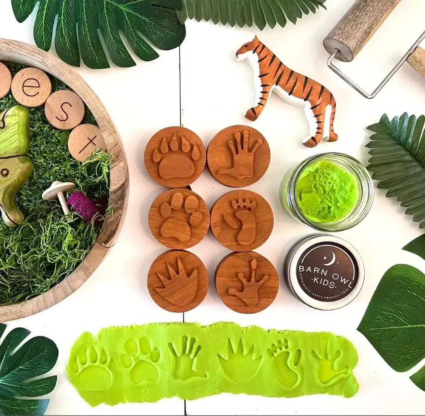 Commercio all'ingrosso naturale personalizzato bambini animali alfabeto gioco di pasta timbro set di legno timbri di gomma