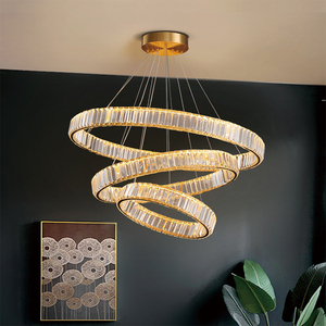 Lustre moderne en cristal à LED pour <span class=keywords><strong>salle</strong></span> à <span class=keywords><strong>manger</strong></span>, luminaires suspendus contemporains à 3 anneaux, réglables, en cuivre, avec télécommande - Product Image 2