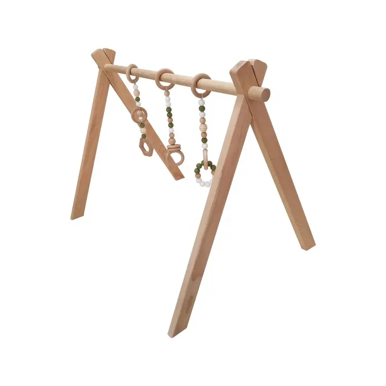Natural Beech Wood Baby Gym without 3 Wooden Teething Rattle Toys Foldable Baby Gym Frame Activity Gym Hanging Toy