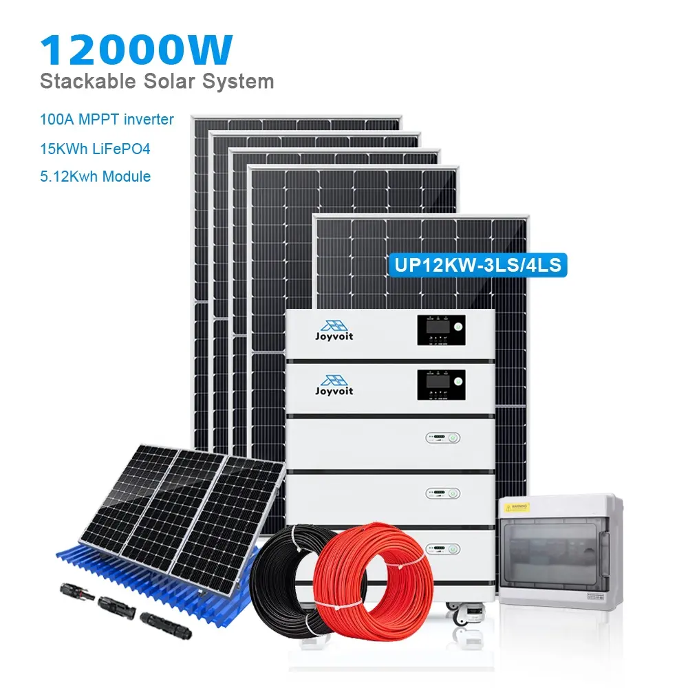 Off grid 12KW Sistema de armazenamento de energia solar para casa 6kva inversores com painéis solares 3x5kwh baterias Tudo em um sistema híbrido