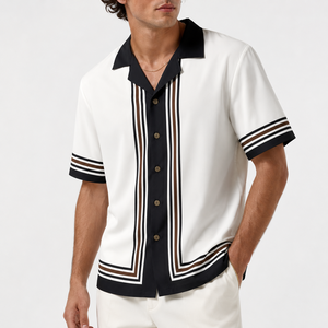 Chemise de bowling personnalisée pour homme, manches courtes, rayures rétro, col camp, boutonnée, logo personnalisé, marque privée, OEM, vente en gros - Product Image 1