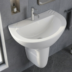 Lavabo rond en granit avec support en pierre, évier demi-pied écologique pour salle de bain, idéal pour hôpitaux et centres commerciaux - Product Image 1