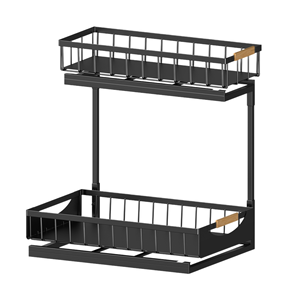 Organizador Metálico Negro de 2 Niveles para Debajo del Fregadero, Estante de Almacenamiento Extraíble con Asa de Madera para Gabinete de Cocina o Baño - Product Image 1