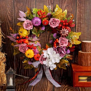 Festival de la récolte d'automne, Thanksgiving, décoration de porte d'entrée, décoration de ferme rurale, roses, couronne de citrouilles - Product Image 2