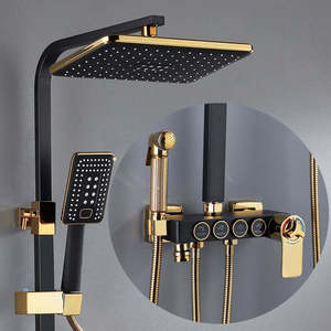 Ensemble de douche thermostatique moderne de luxe noir <span class=keywords><strong>et</strong></span> or en acier inoxydable, avec barre coulissante, à commande unique <span class=keywords><strong>et</strong></span> fonction pluie, style touches de <span class=keywords><strong>piano</strong></span> - Product Image 3